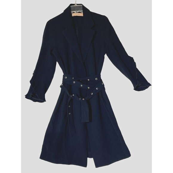 Zara Navy Blue Ruffled Sleeve Belted Wrap Midi Trench Coat Duster - Picture 5 of 10